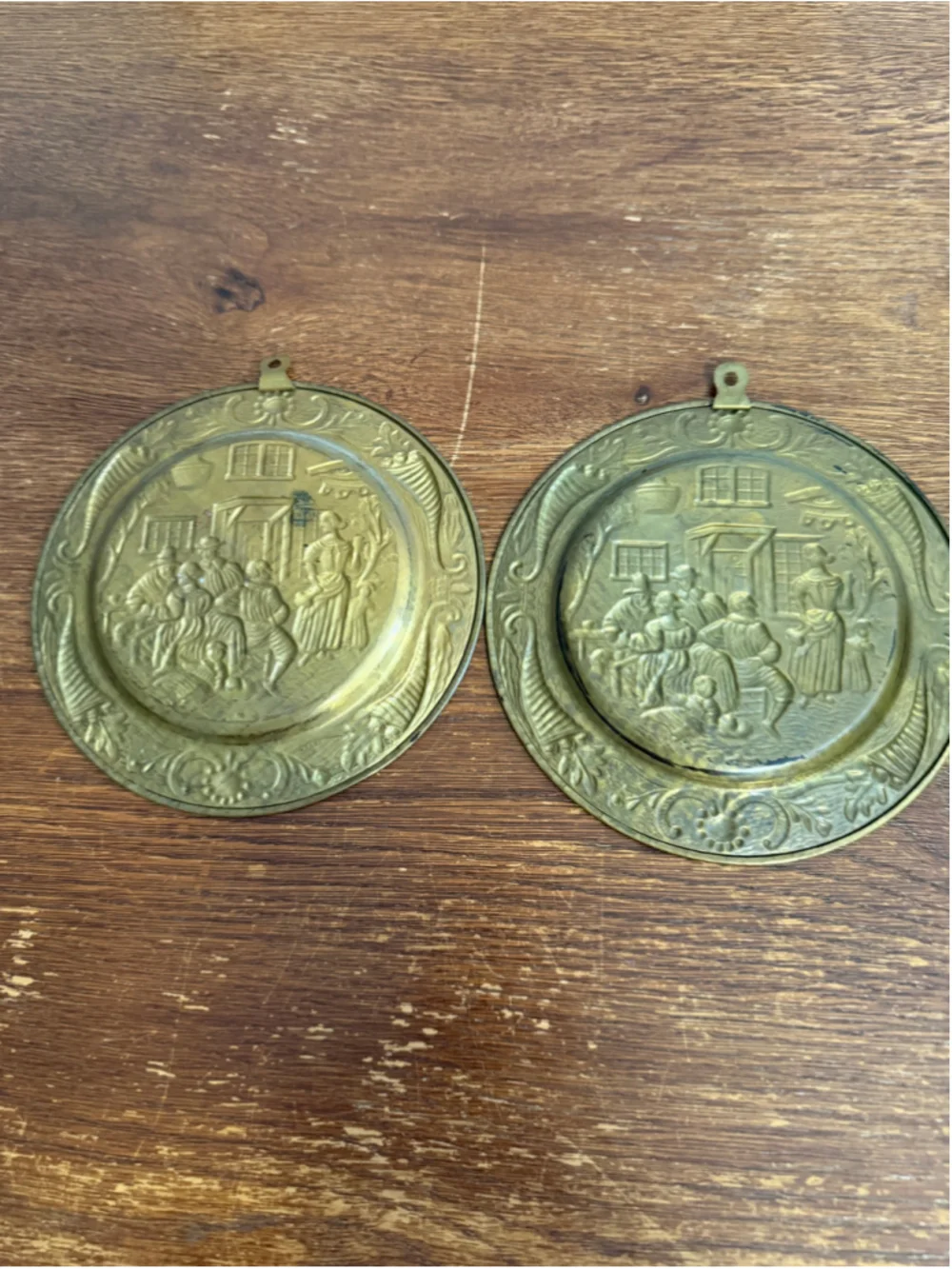 Vintage Embossed Brass Dutch Holland Wall Hanging Plates Pair Raised Village Sce